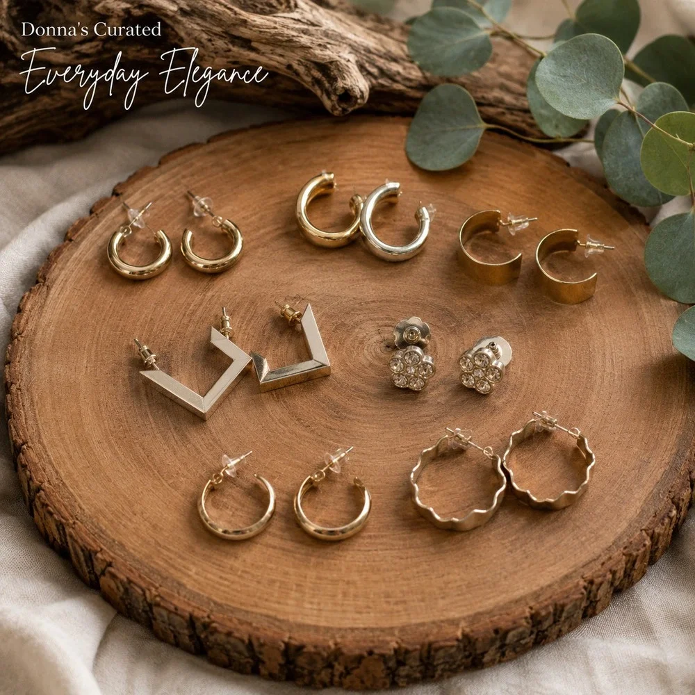 Donna's Curated Everyday Elegance Gold Tone Earrings 7 Pair Hoop Stud Mixed Lot